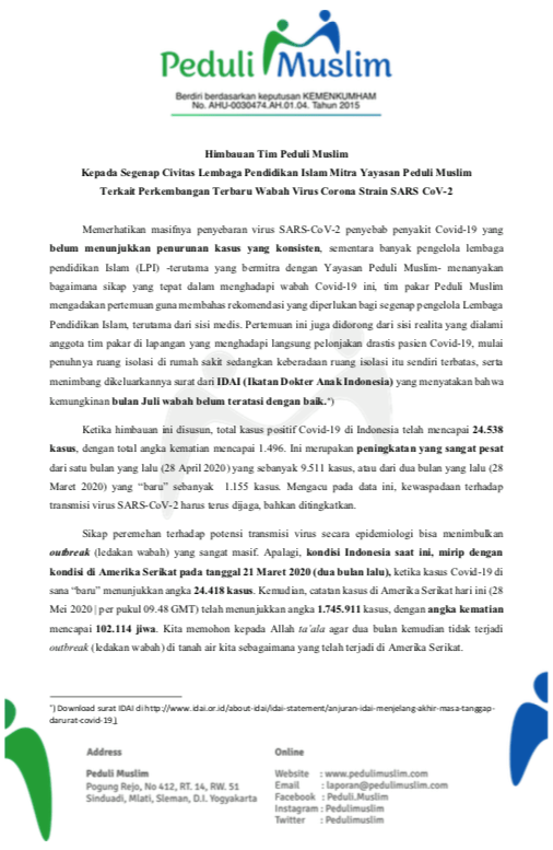 Himbauan Tim Peduli Muslim Kepada Segenap Civitas Lembaga Pendidikan Islam Mitra Yayasan Peduli Muslim